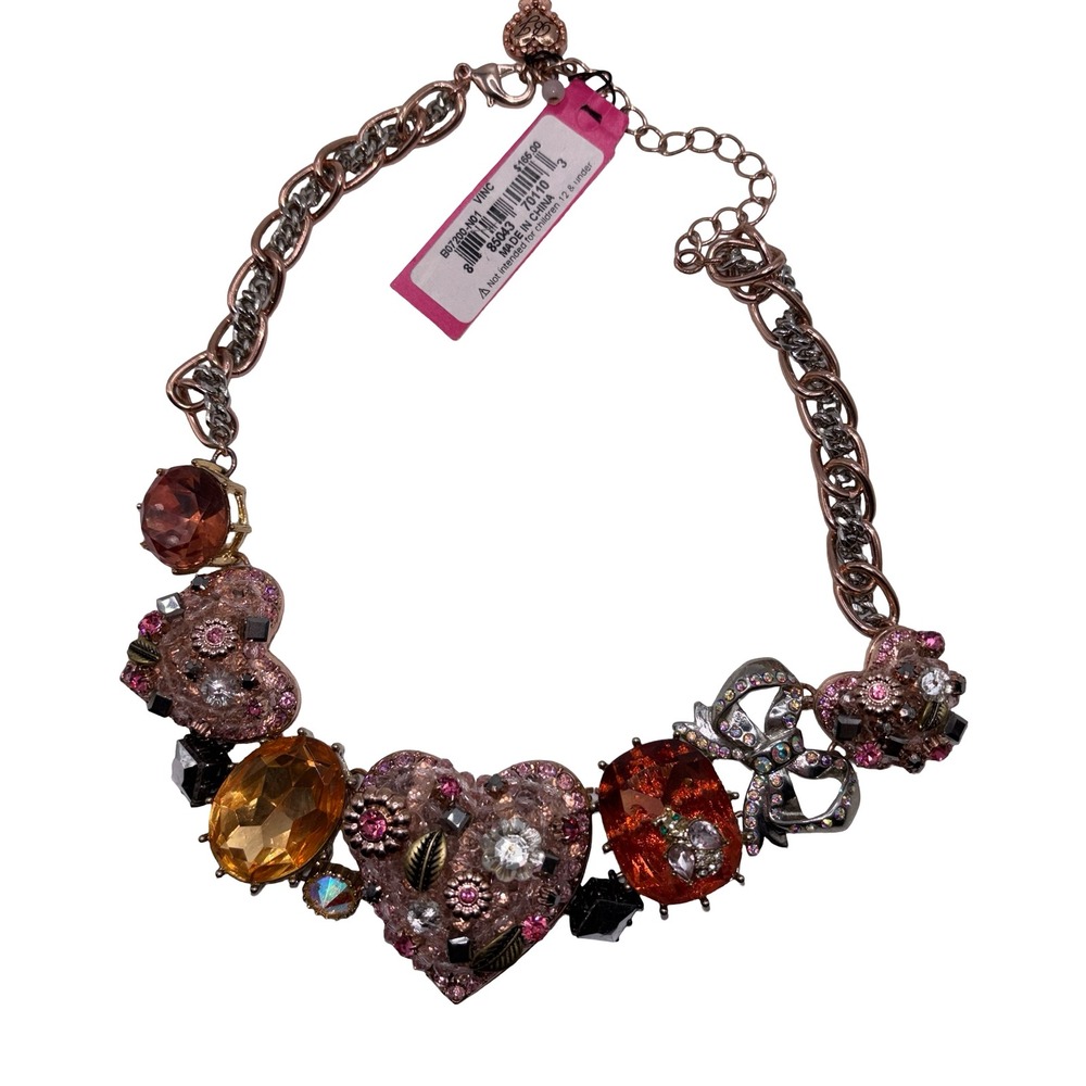 Betsey Johnson Heart Statement Necklace and Charm Bracelet Set Pink Rose Gold